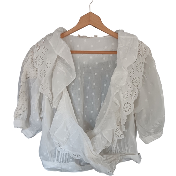 Anthropologie Forever That Girl Ruffled White Cotton Eyelet Lace Tie Wrap Top - Picture 7 of 13